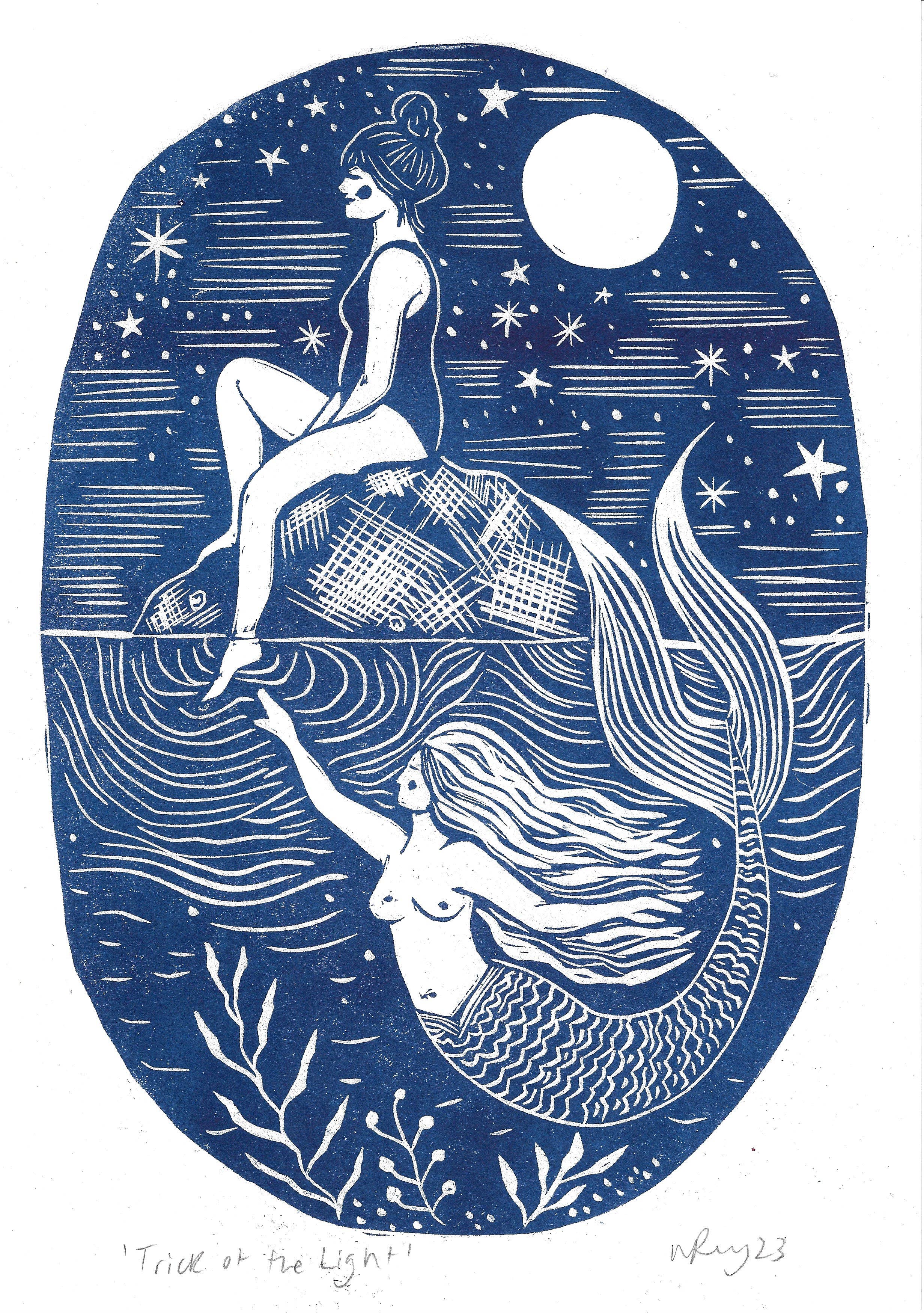 Trick of the Light riso print, mermaid, swimmer, seaside