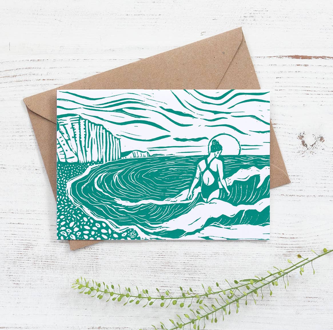 Seas The Day Card, swimmer, woman, sea, waves, seaside, swim