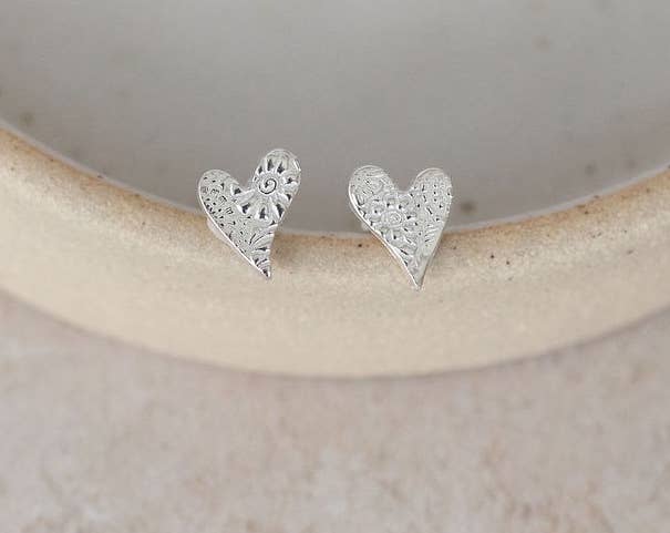 Sterling Silver Textured Tilted Heart Studs
