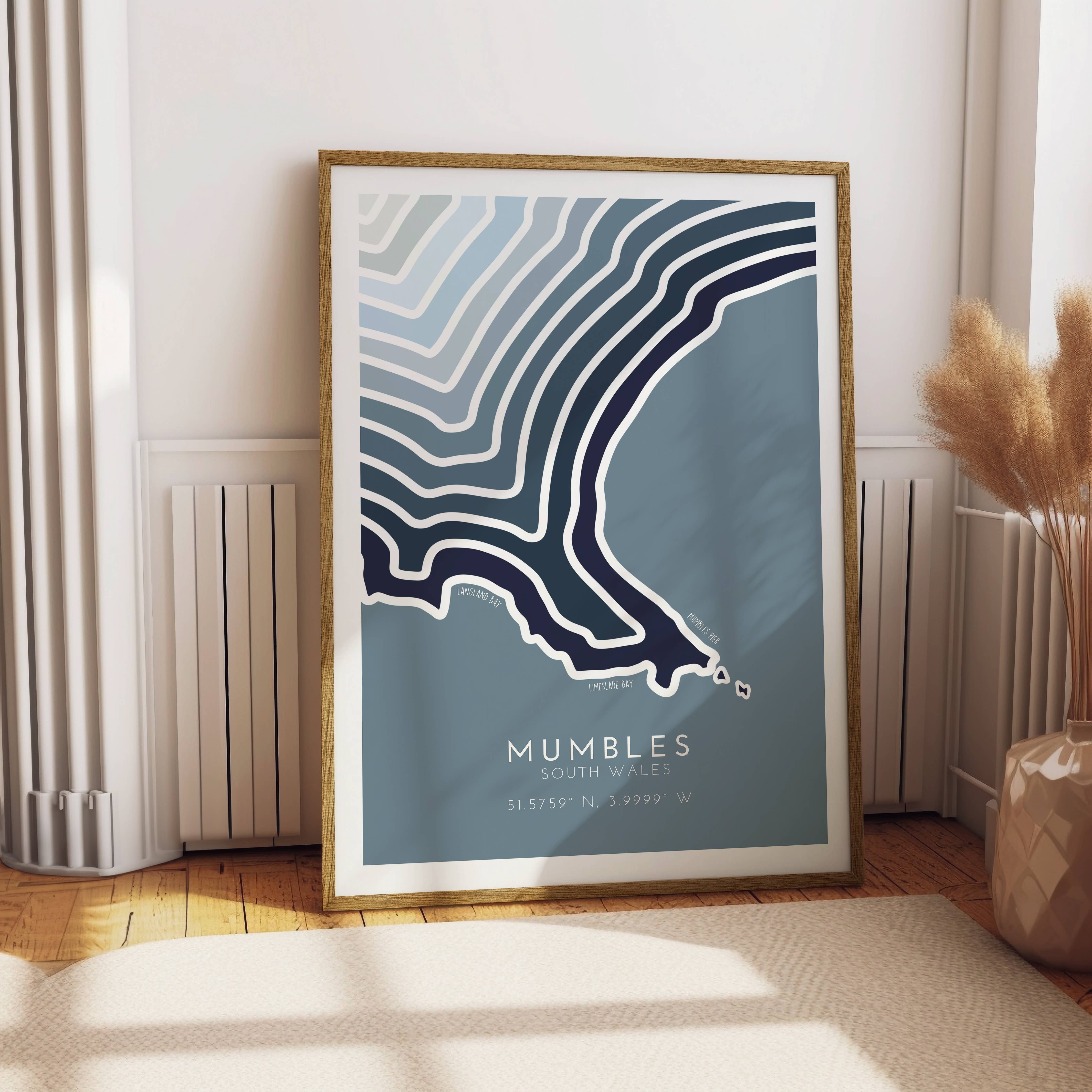Mumbles Coastline Print - Coastal Wall Art: Sky Blue / A3