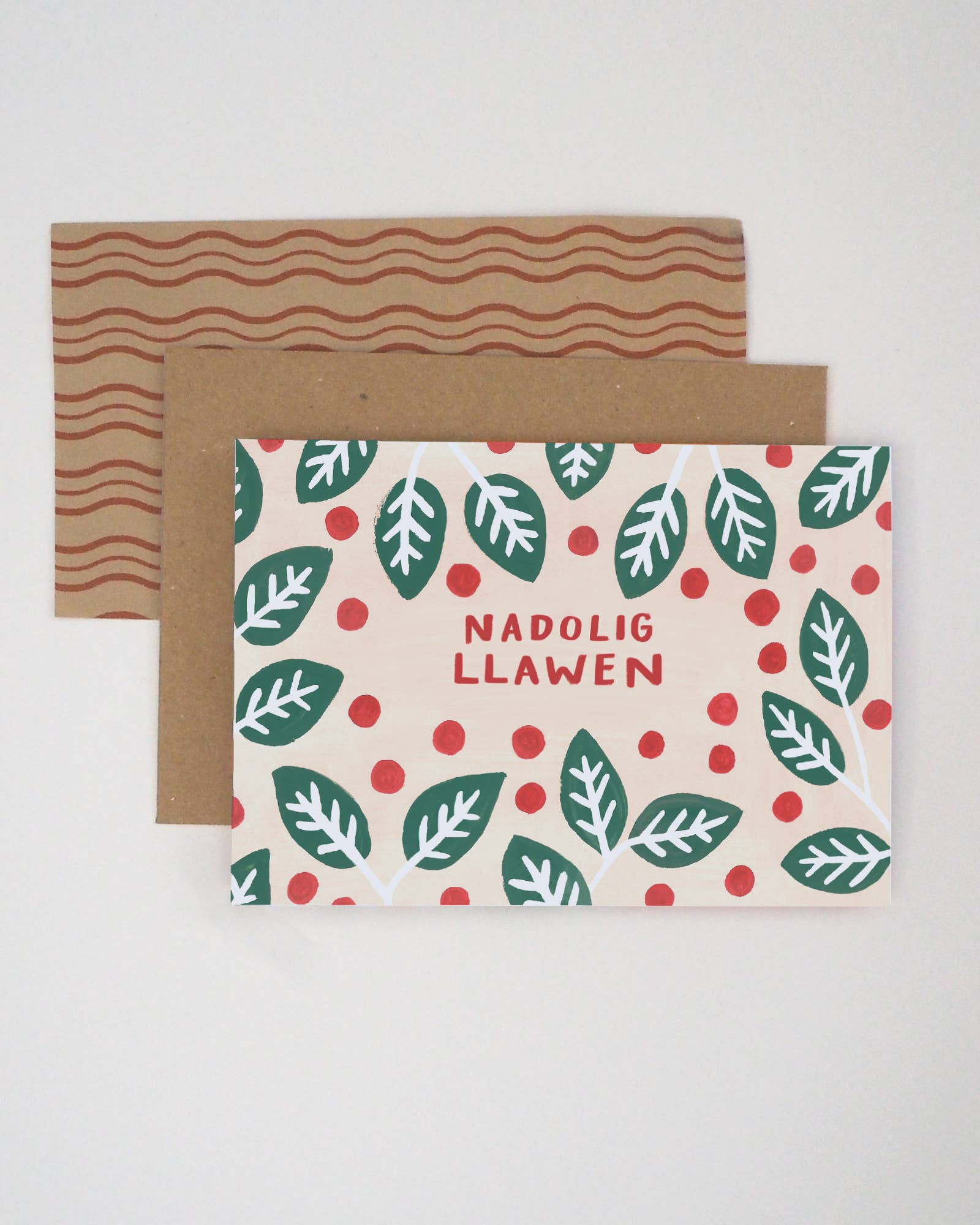 Nadolig LLawen Welsh Language Pink Holly Christmas Card 