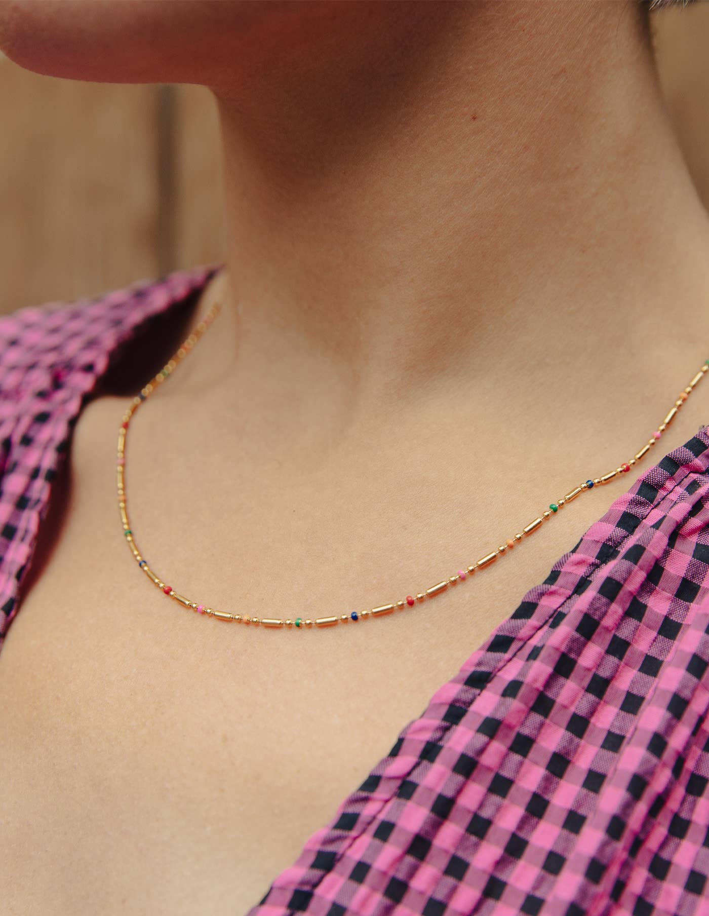 Gold Enamel Bead Necklace, Waterproof