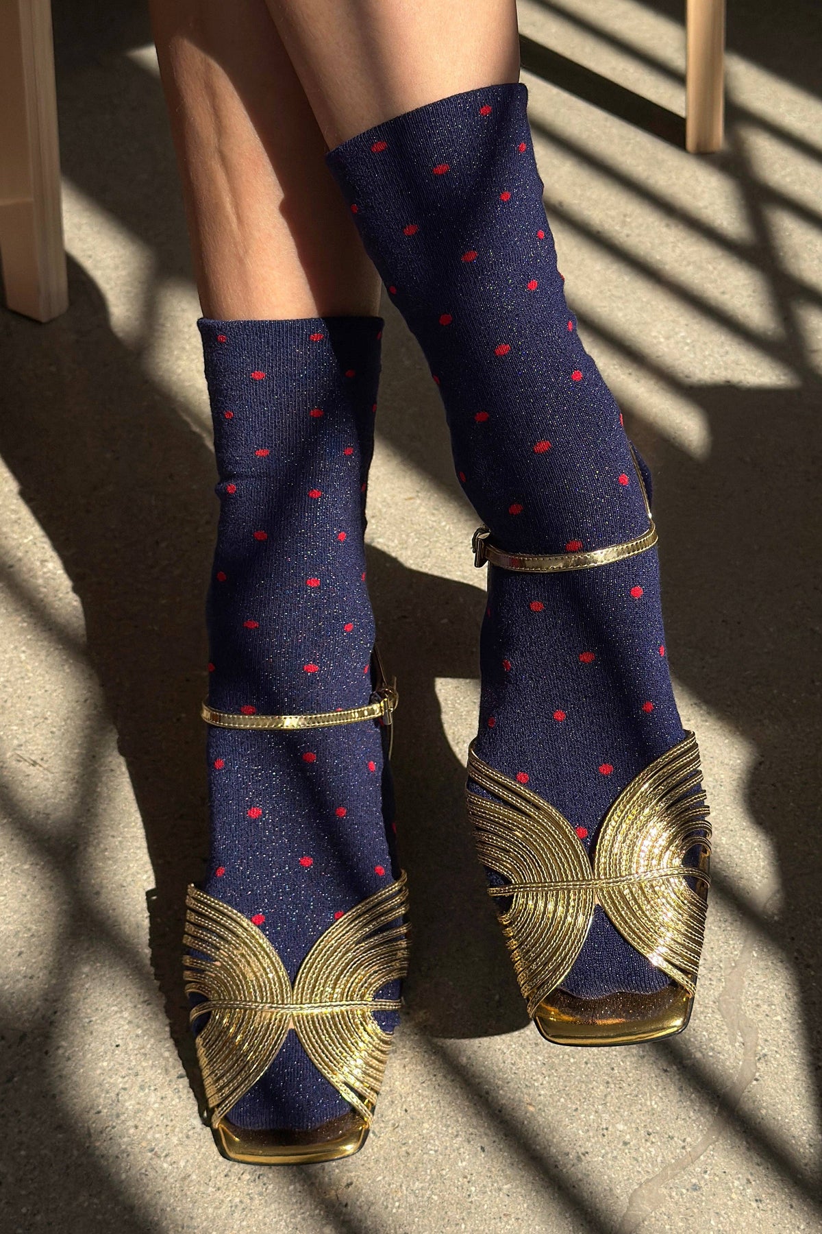 Lurex Patterned Sneaker Socks : Polka Dot - Ink Blue/Red