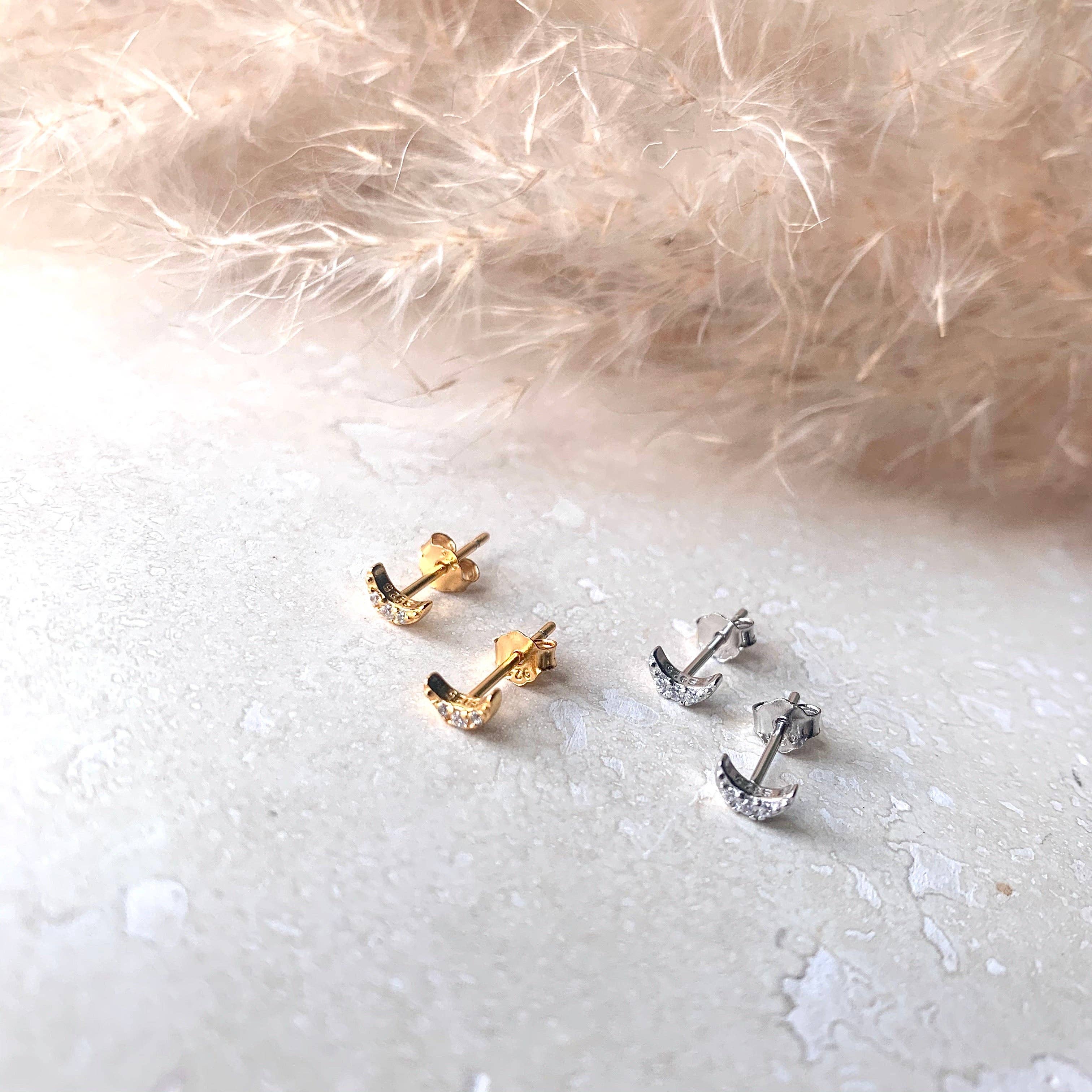 Gold Vermeil | Sterling Silver Mini Moon Stud Earrings: Silver
