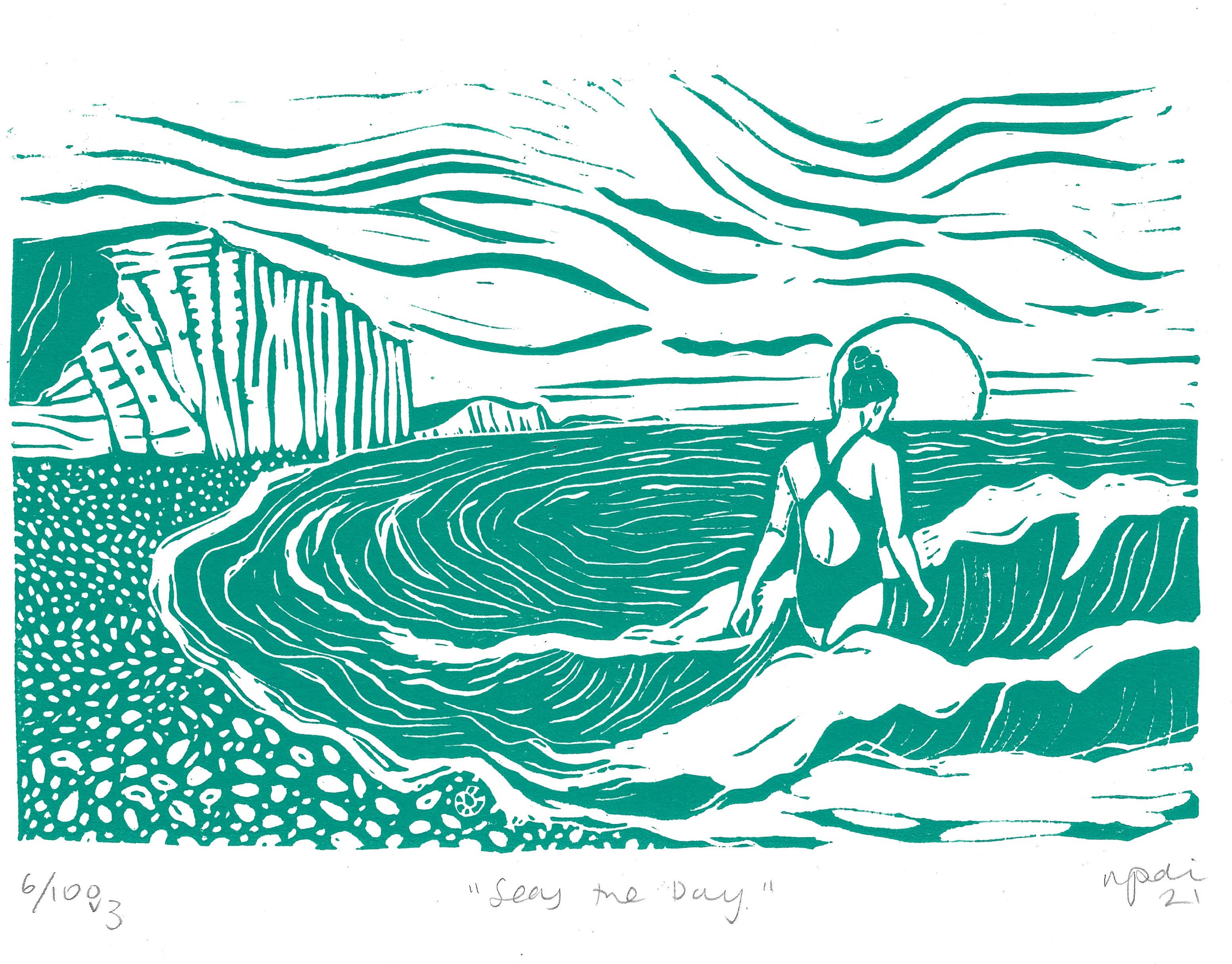 Seas The Day Card, swimmer, woman, sea, waves, seaside, swim