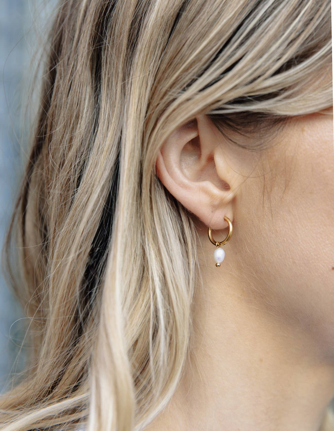 Gold Pearl Drop Hoop Earrings, Waterproof