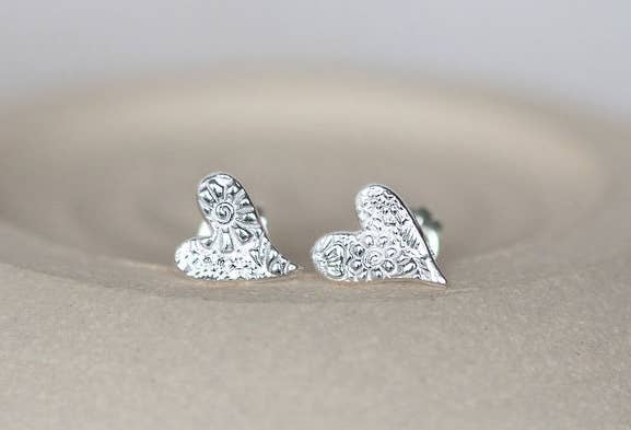Sterling Silver Textured Tilted Heart Studs