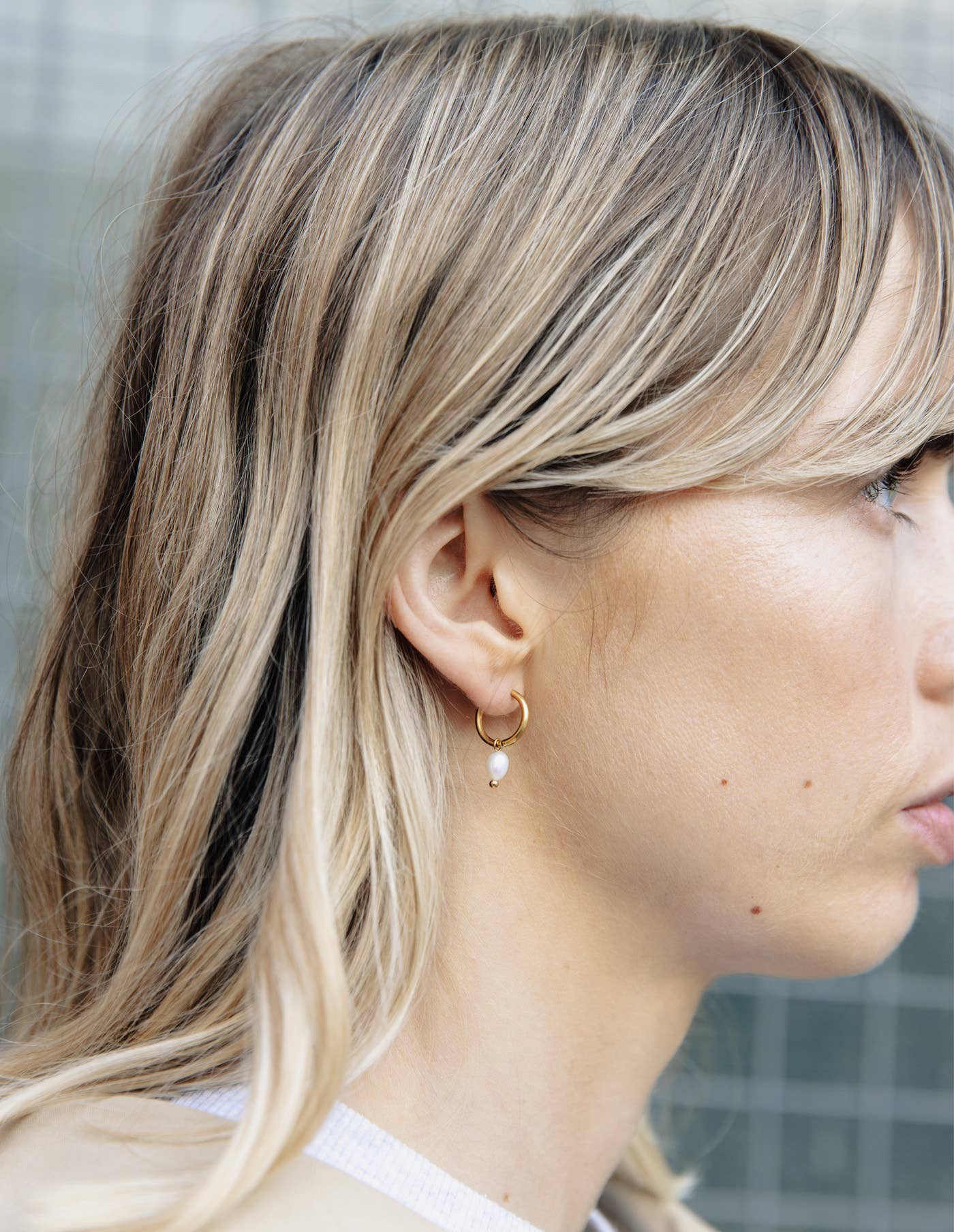 Gold Pearl Drop Hoop Earrings, Waterproof