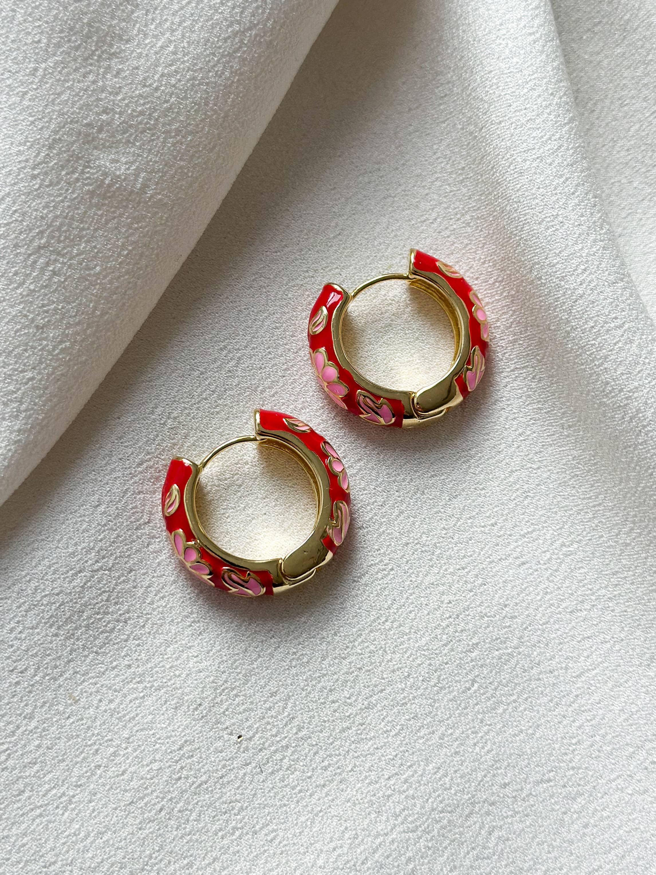 18k Gold Plated Floral Enamel Hoop Earrings - Red