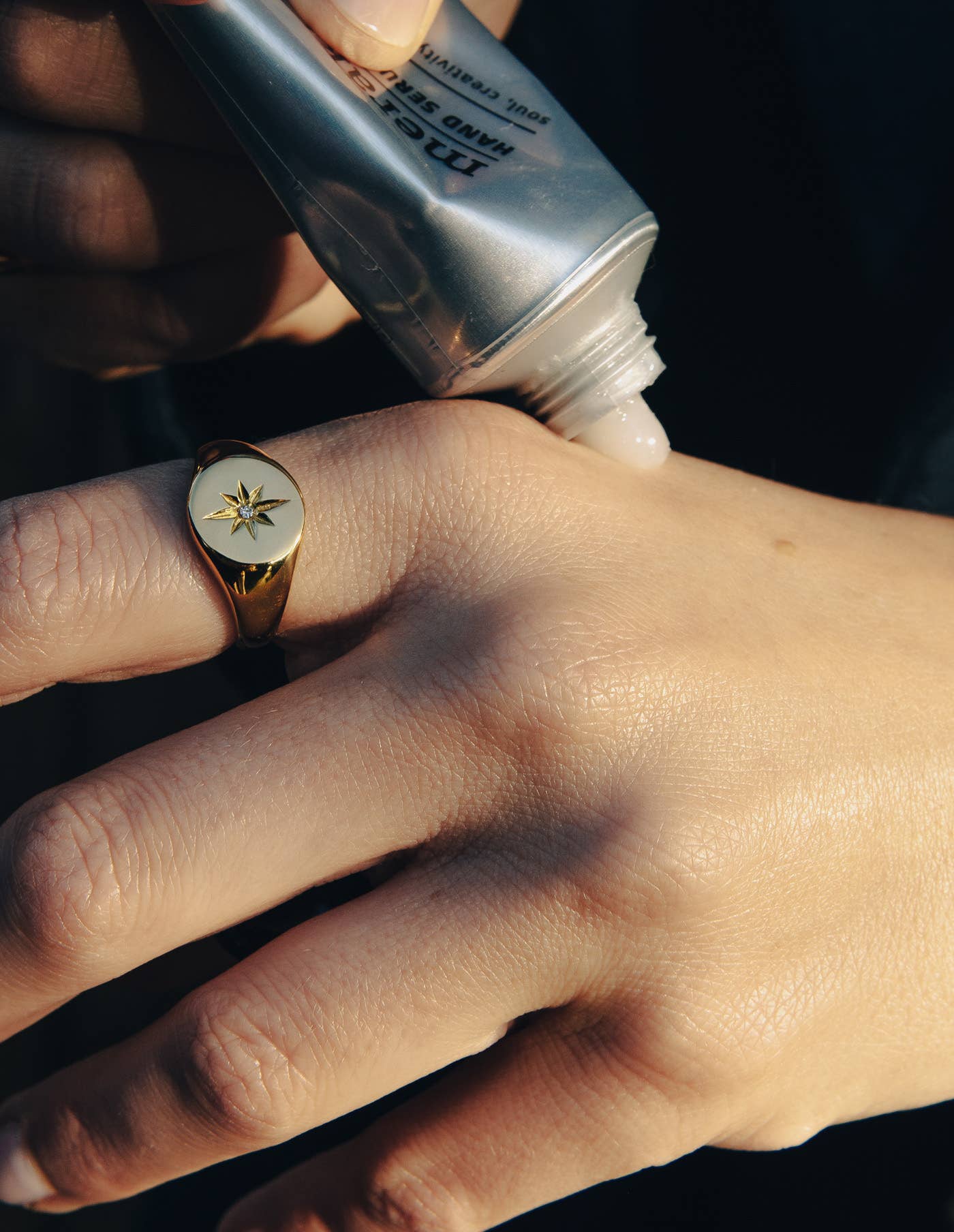 Gold Large Stone Embossed Signet Ring, Waterproof: Medium