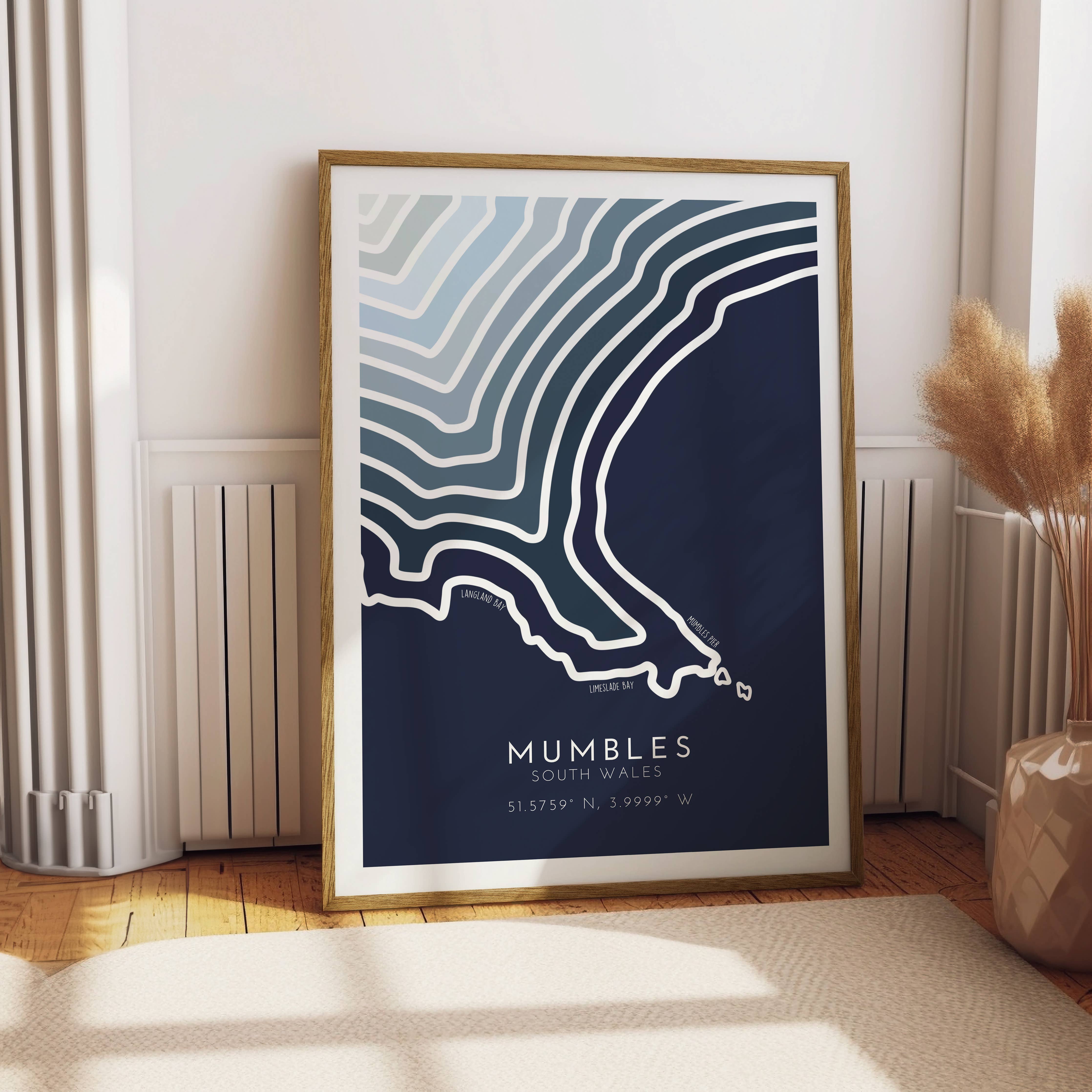 Mumbles Coastline Print - Coastal Wall Art: Sea Blue / A3