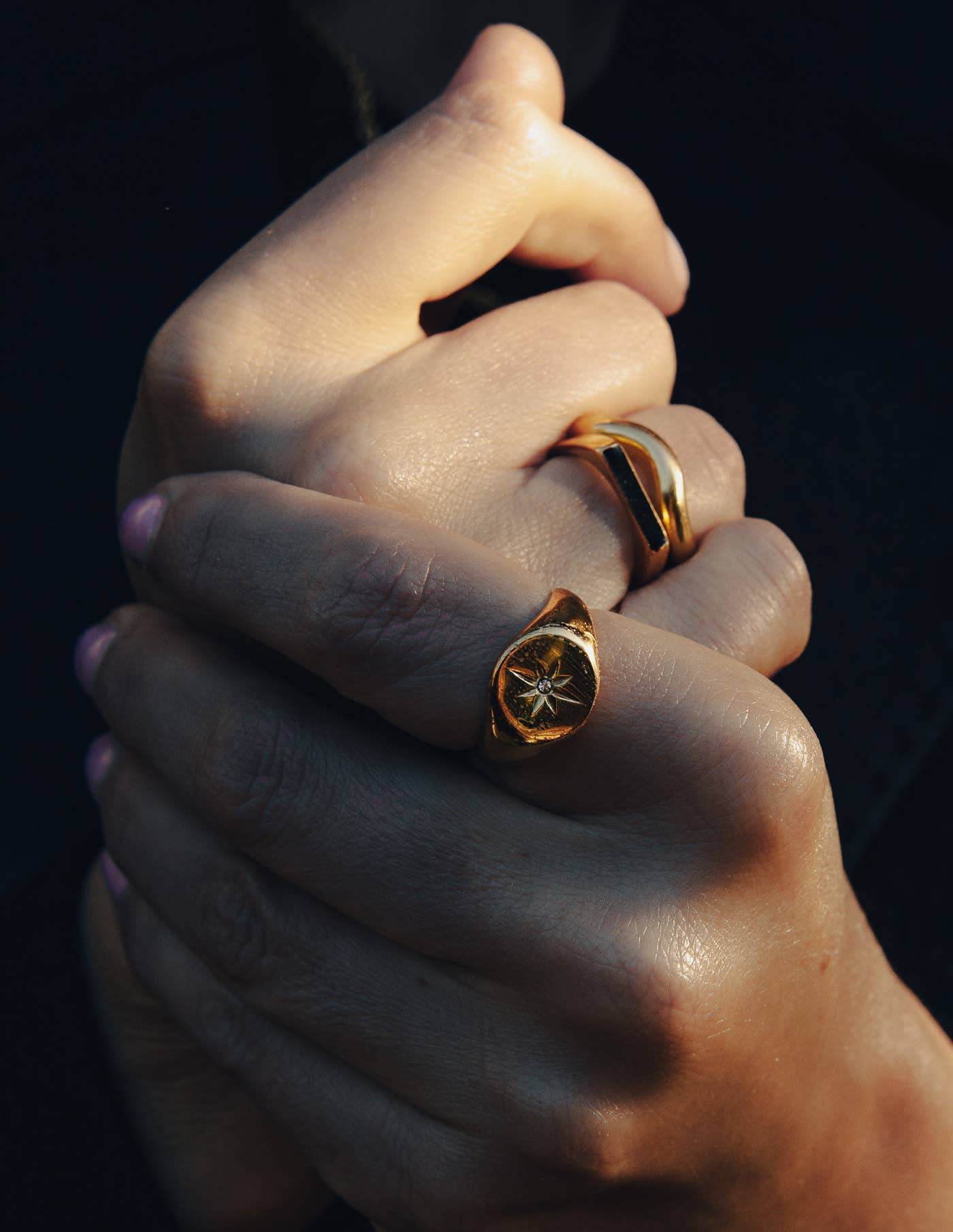 Gold Large Stone Embossed Signet Ring, Waterproof: Small