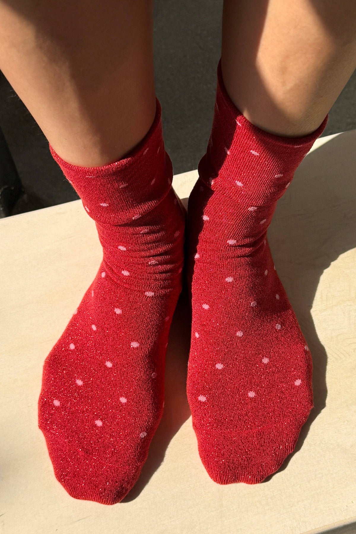 Lurex Patterned Sneaker Socks : Polka Dot - Ink Blue/Red