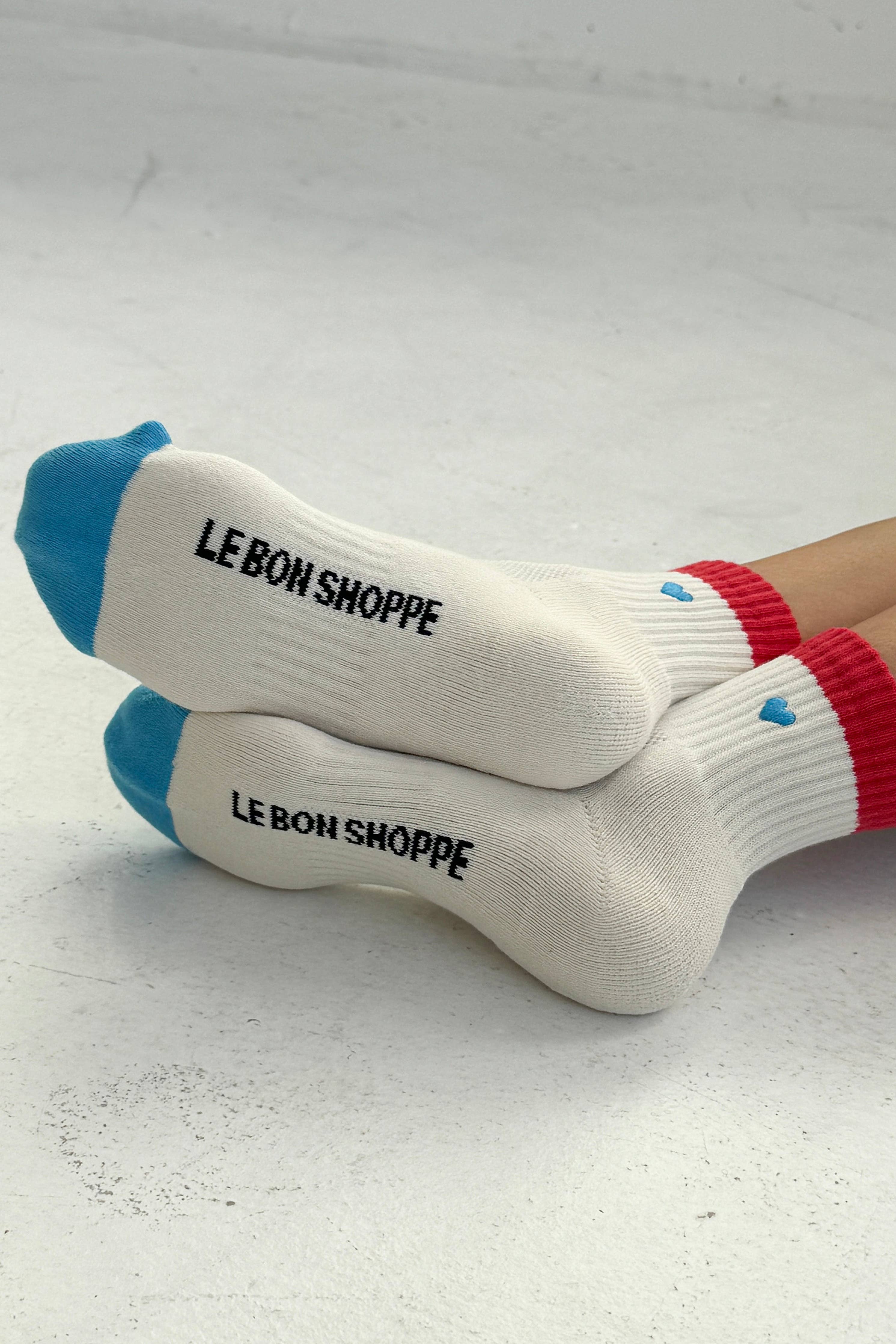 Embroidered Color Block Girlfriend Socks: BLUE RED + HEART