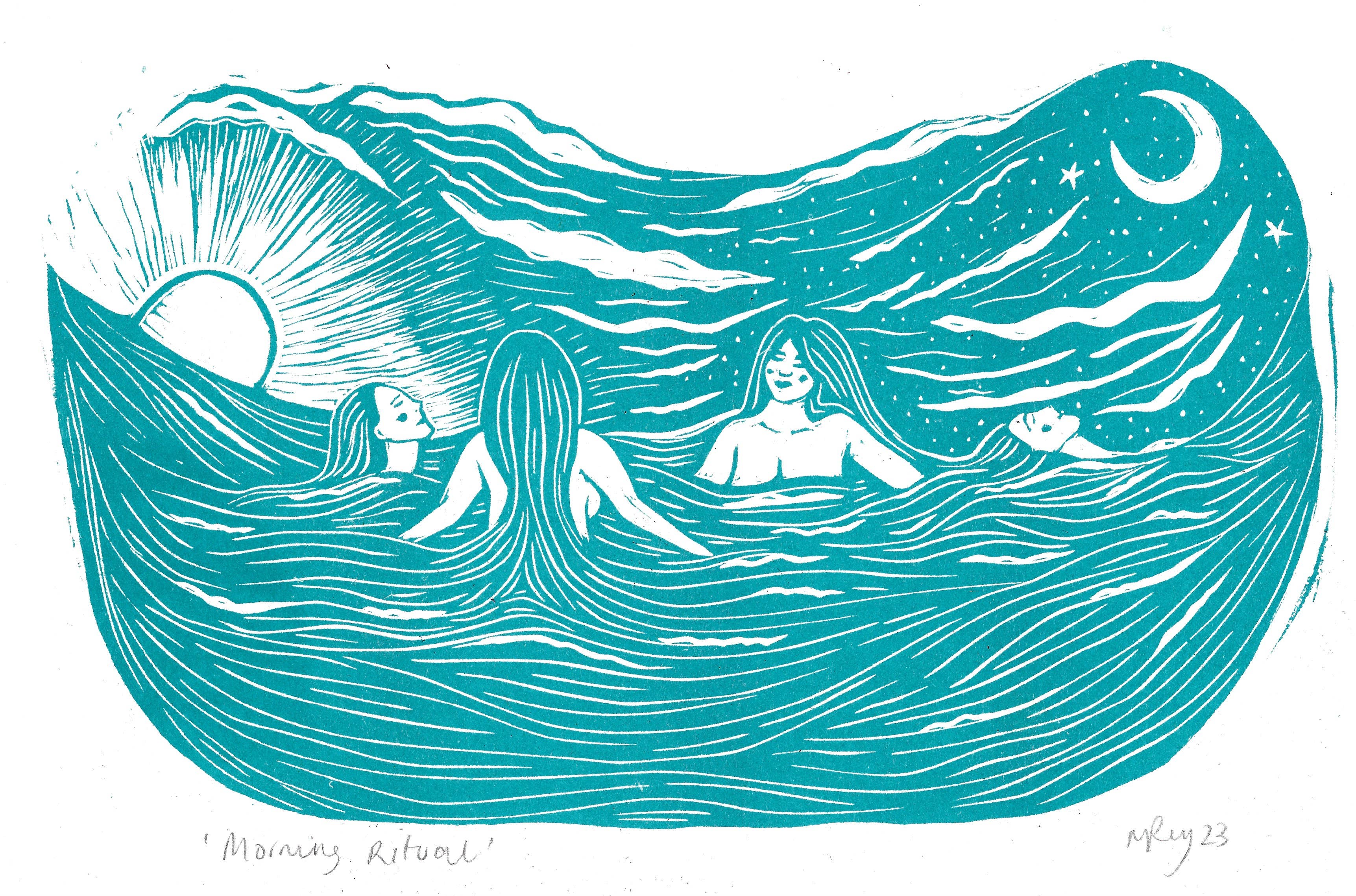 Morning Ritual riso print, sea swim, wild swim, friends