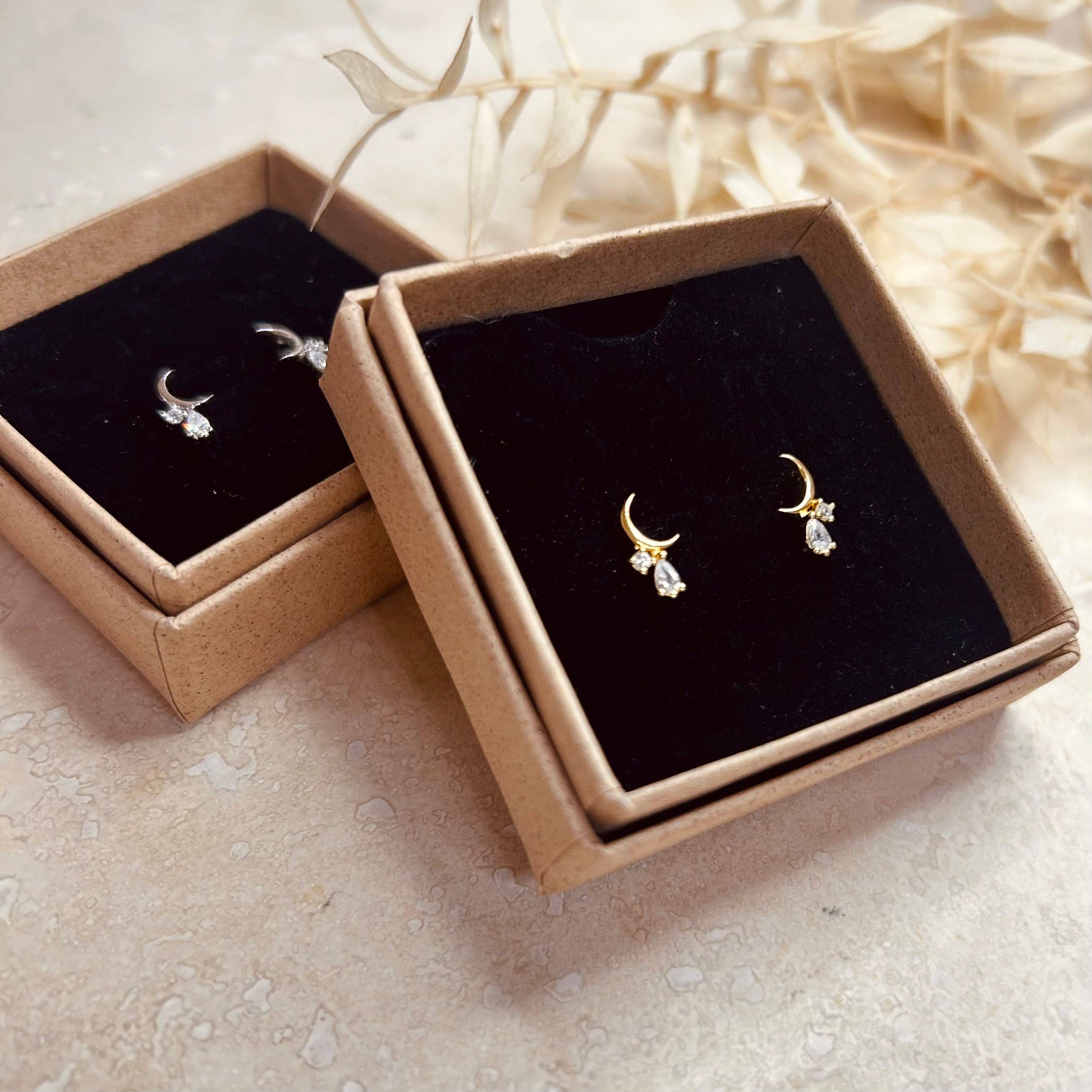 Crescent Moon Droplet Studs: Silver