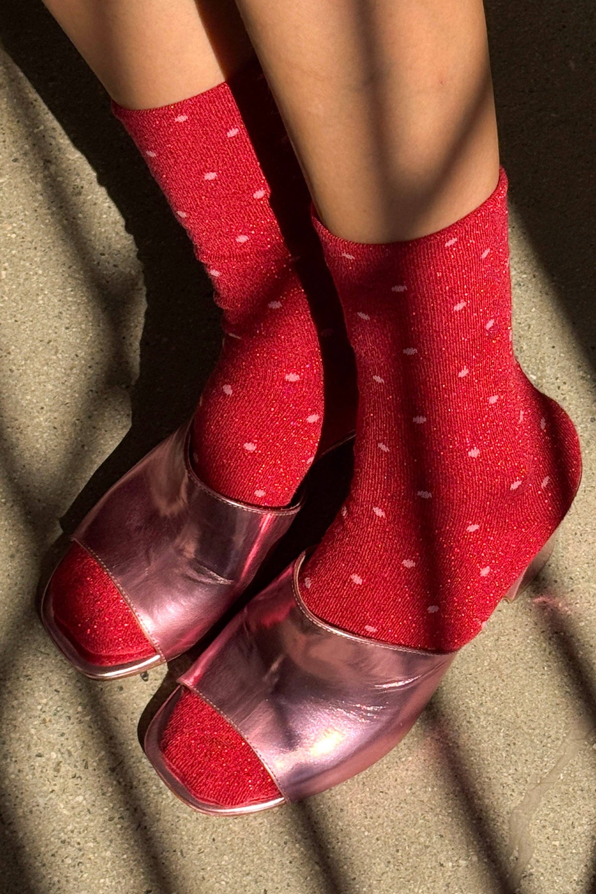 Lurex Patterned Sneaker Socks : Polka Dot - Ink Blue/Red