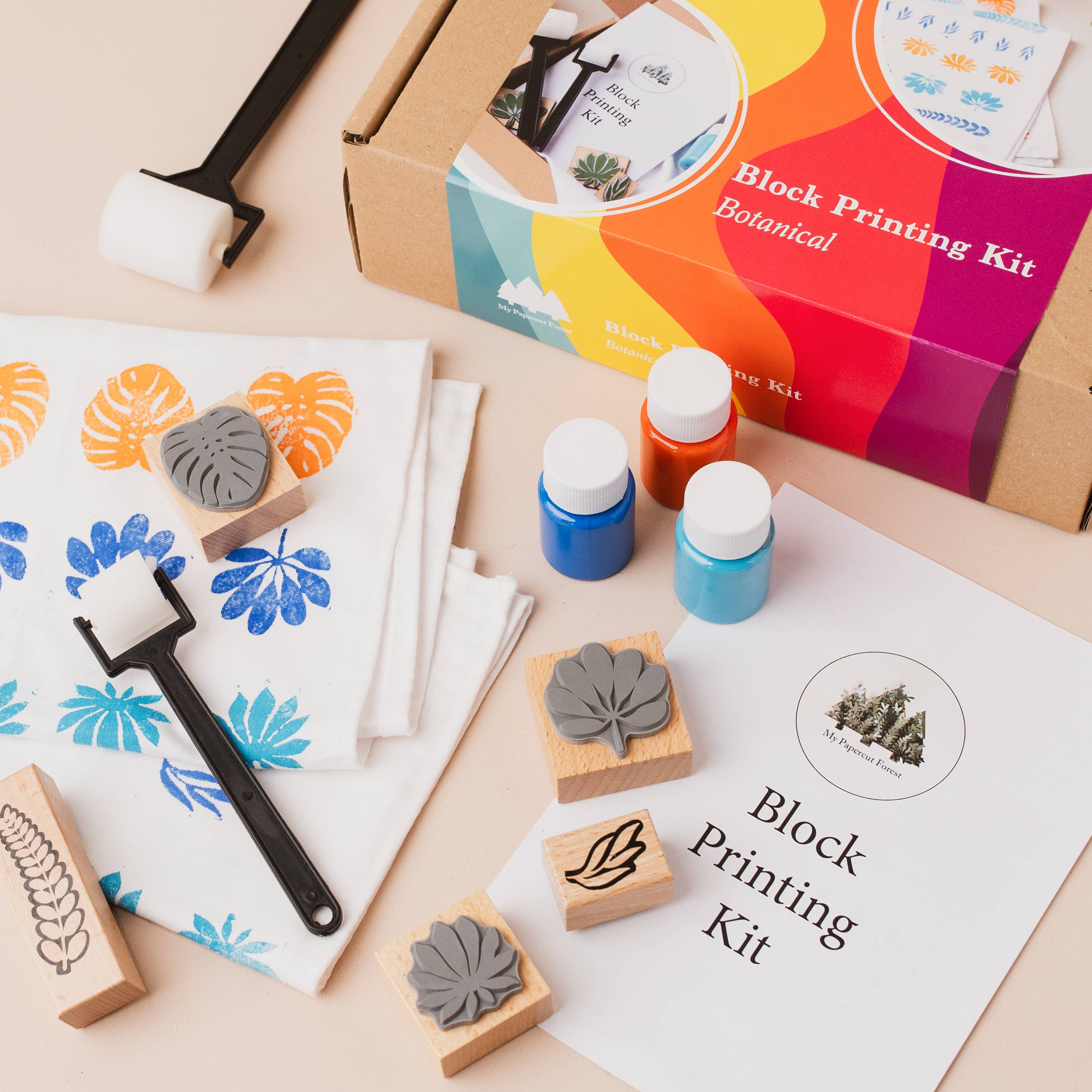 Textile DIY kit, block printing kit: Cyan+orange+blue