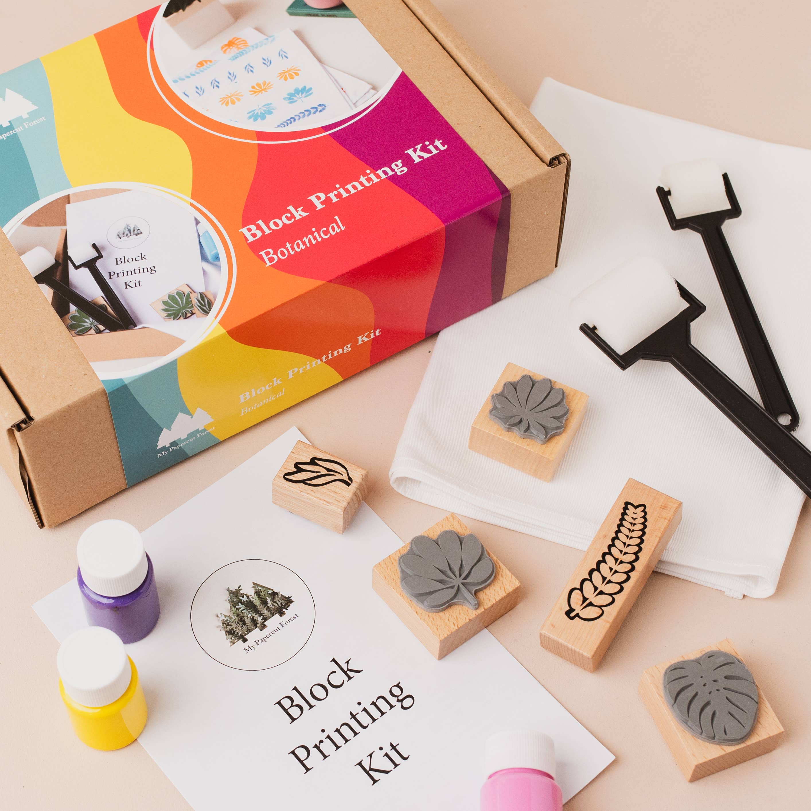 Textile DIY kit, block printing kit: Cyan+orange+blue