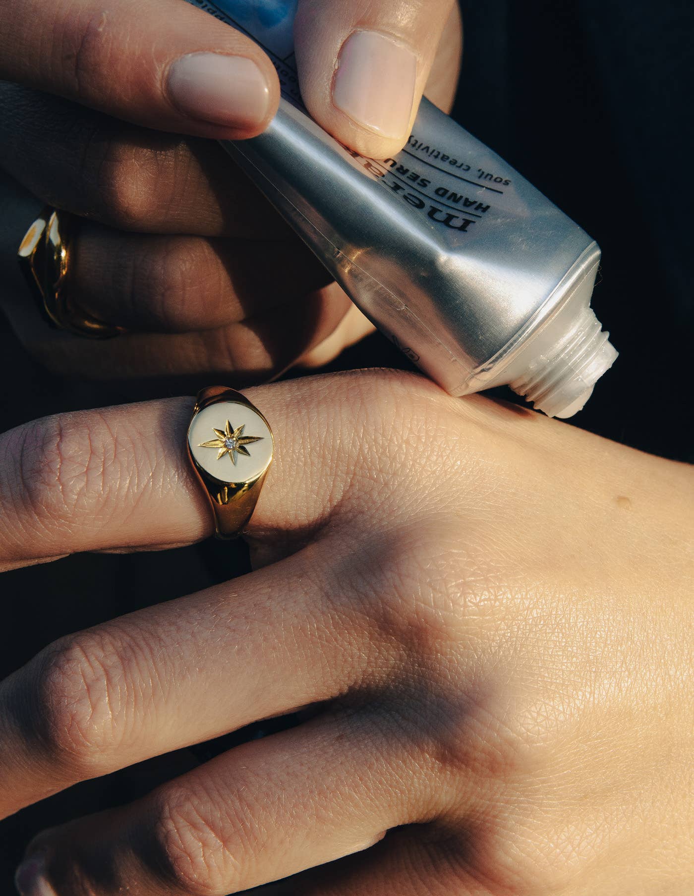 Gold Large Stone Embossed Signet Ring, Waterproof: Small